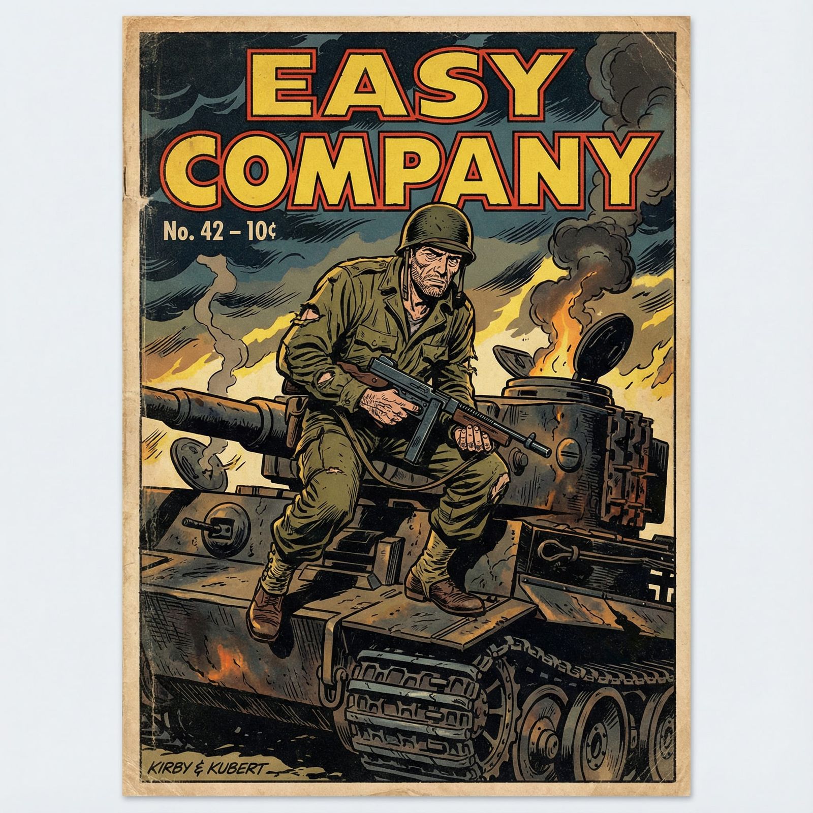 WW2 Soldier on Tiger Tank in Golden Age Comic Style