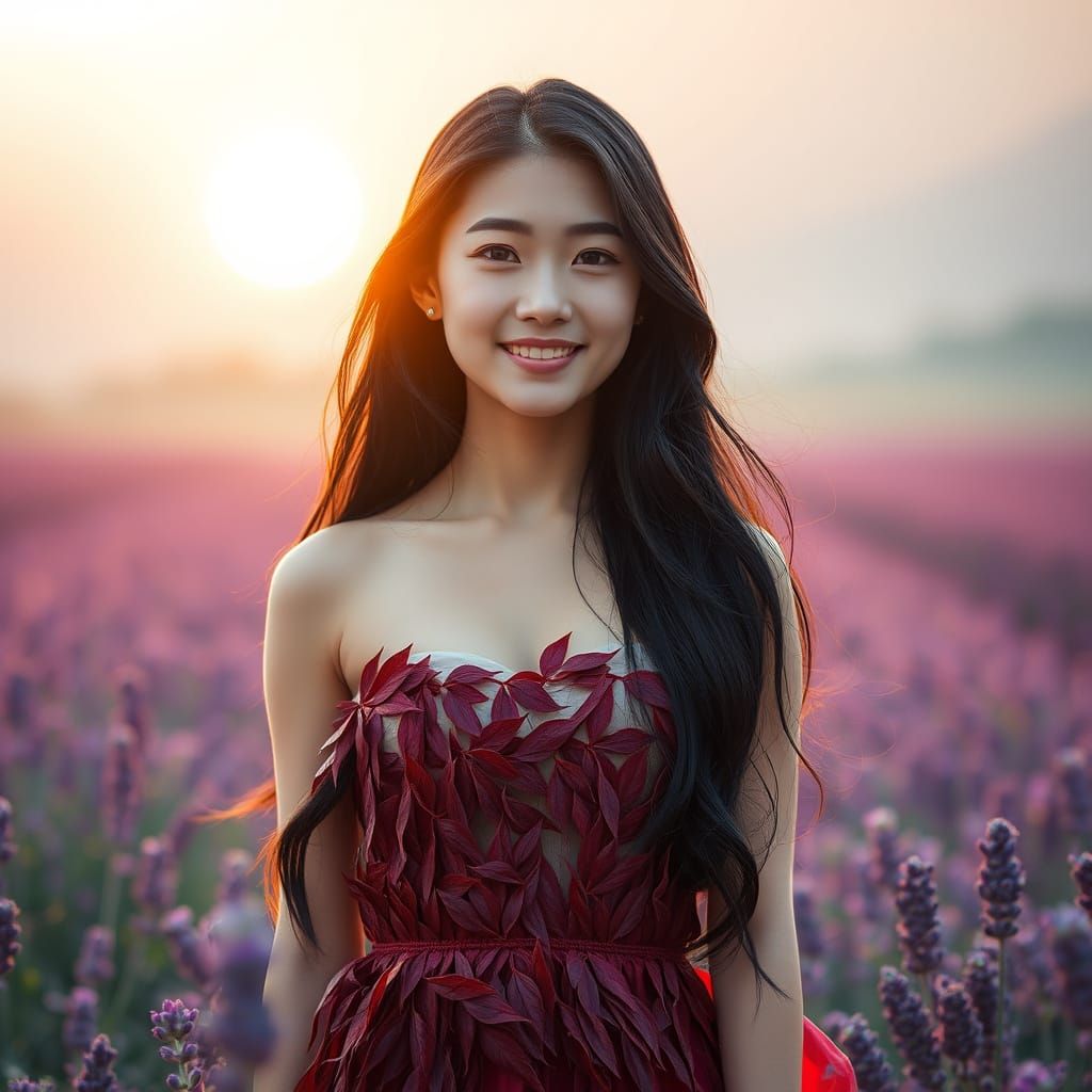 Golden Hour Japanese Woman in Lavender Field