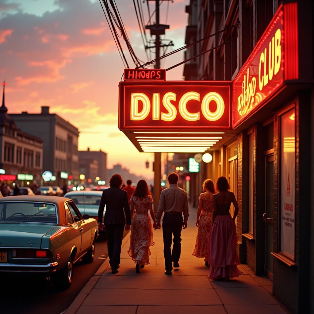 1970s City at Dusk with Neon Lights