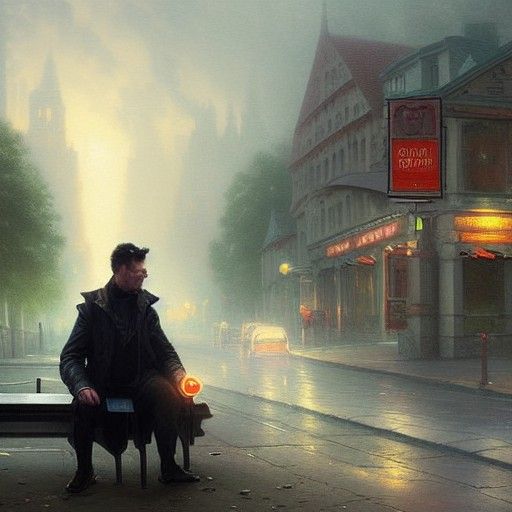 Superhero at Bus Stop in Ethereal Matte Painting