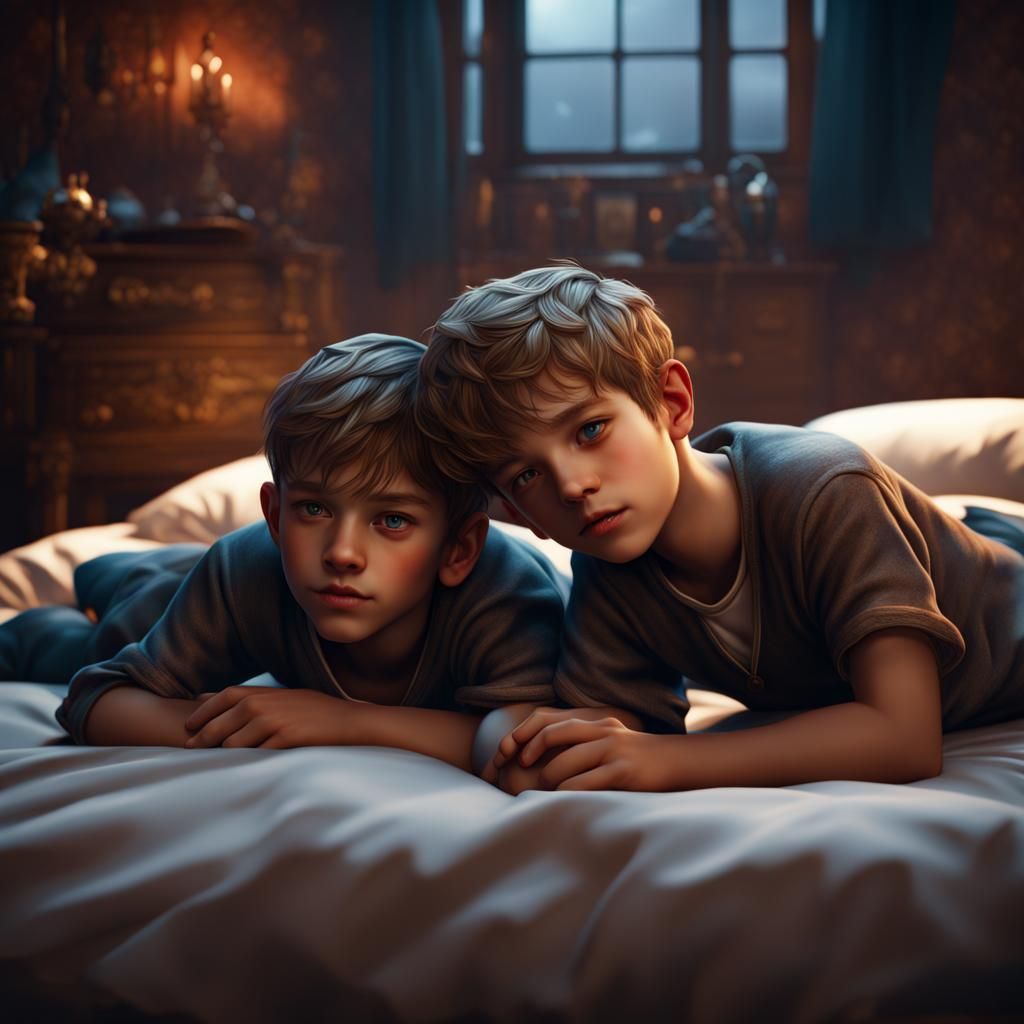 Boys Lying on Bed: Detailed Matte Painting