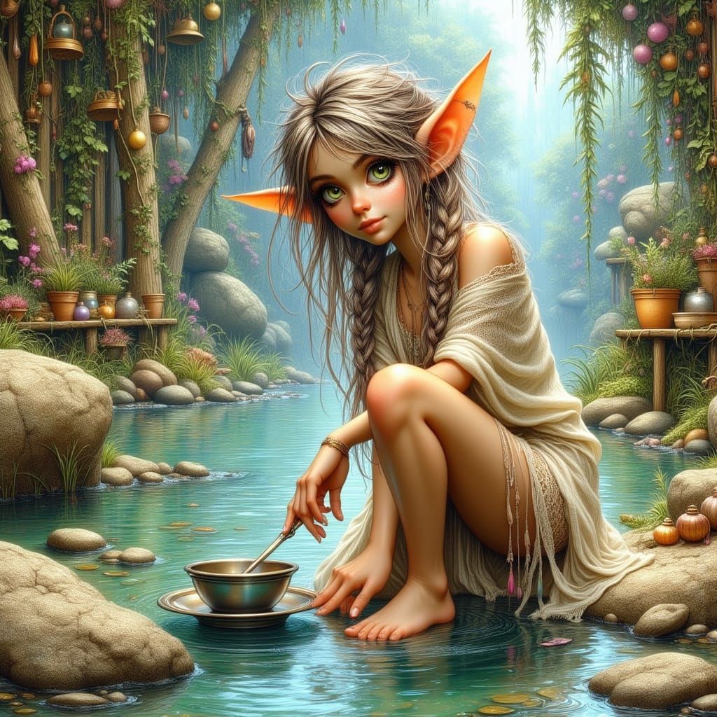 Elven Sorceress Fills Silver Bowl by Mountain Pool