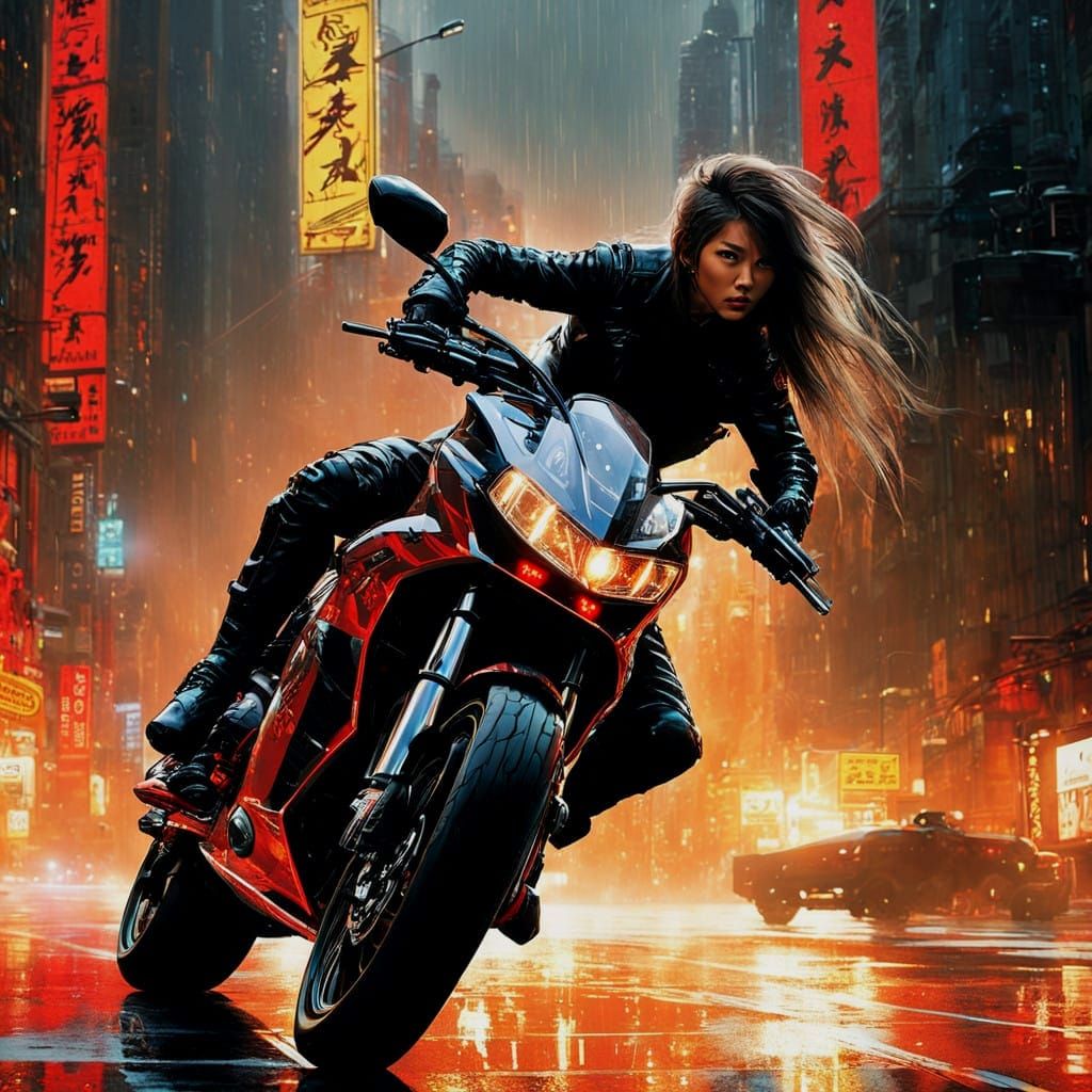 Cyberpunk Warrior on High-Speed Motorcycle Chase