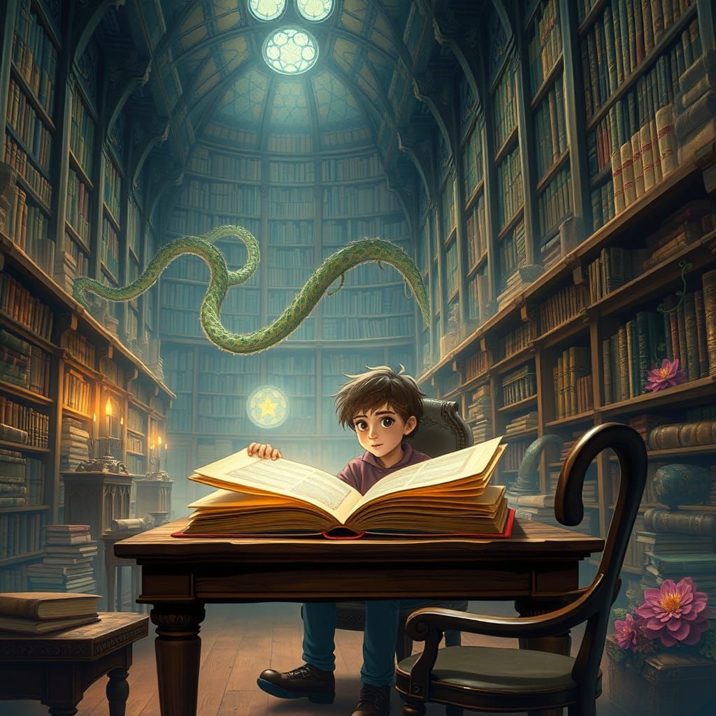Whimsical Library Scene in Dreamlike Fantasy Style