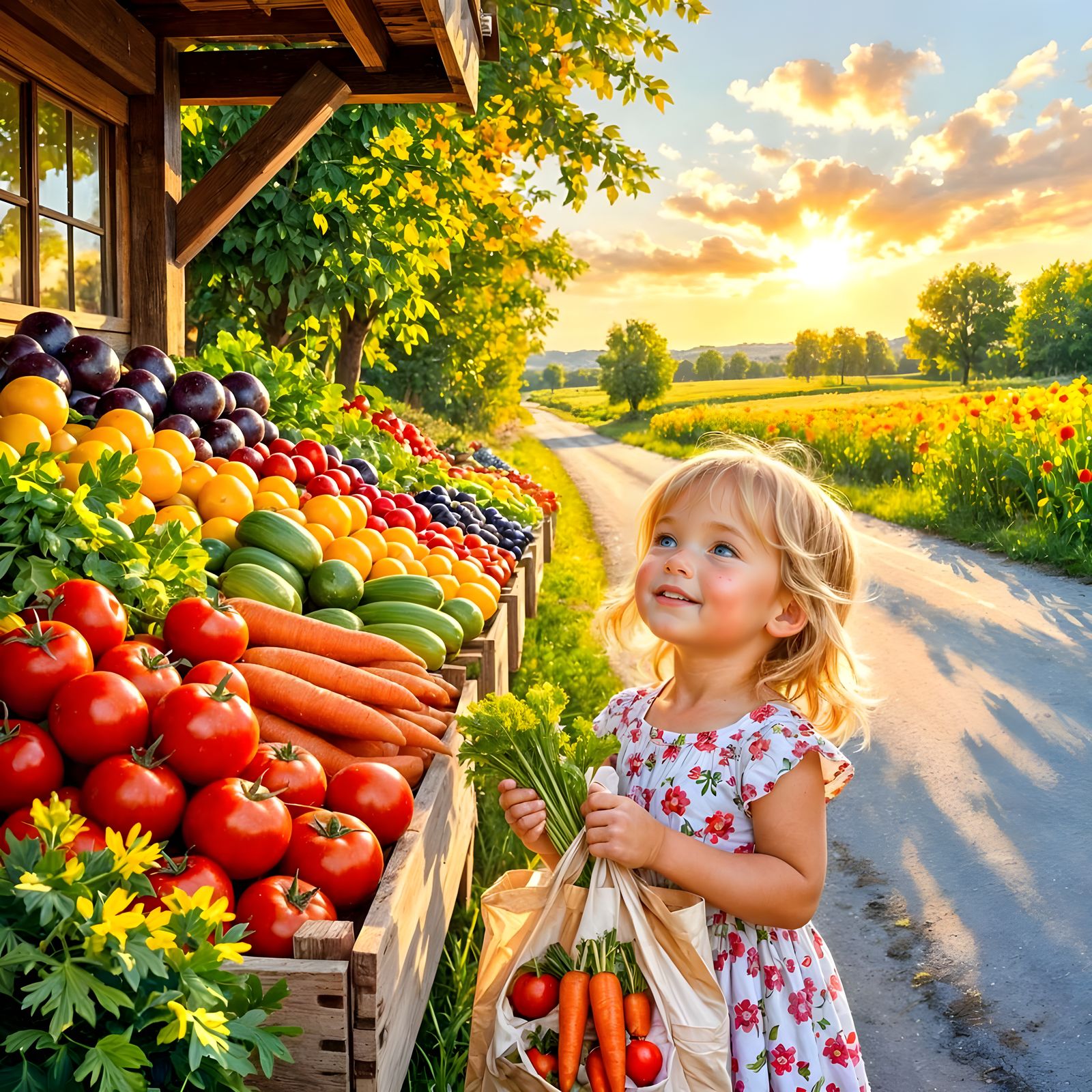 Toddler at Farm Stand in Oil Painting Style