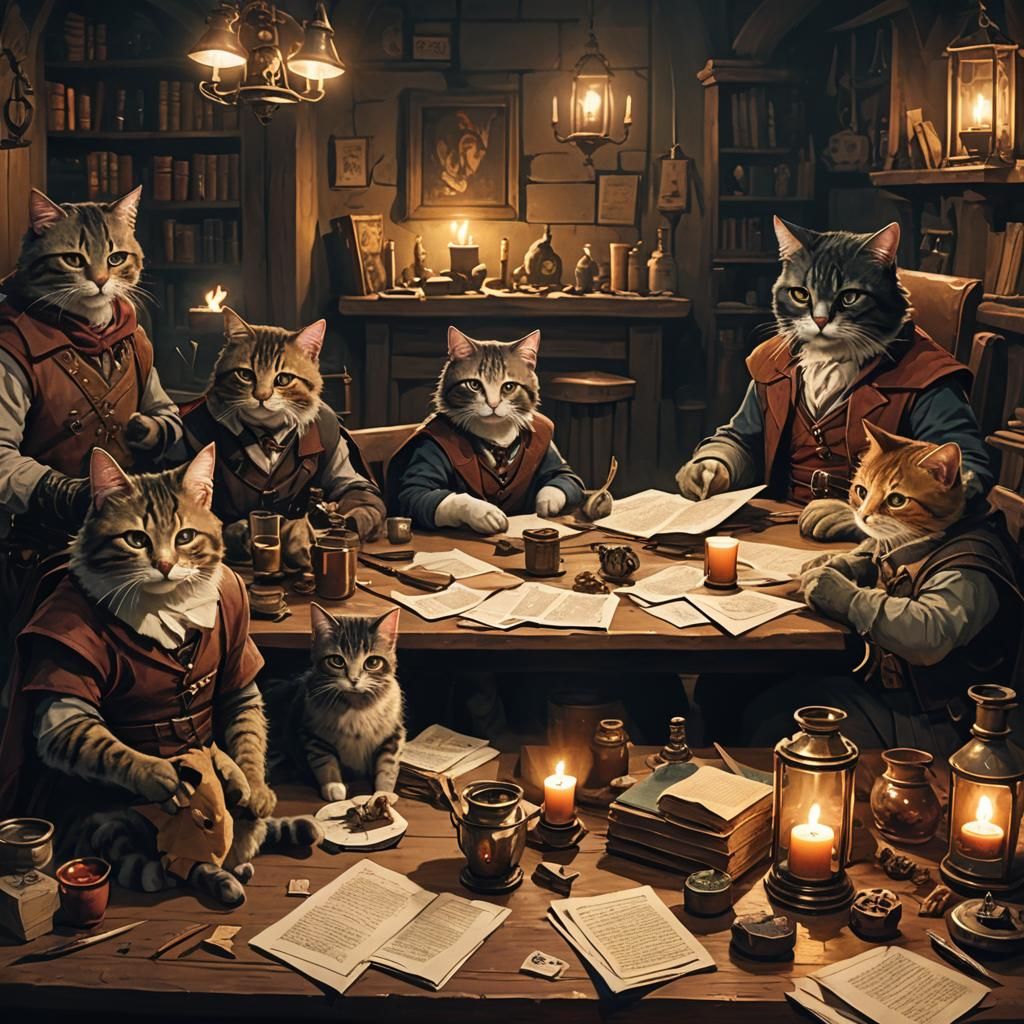 Cats Play D&D in Dark Academia Style