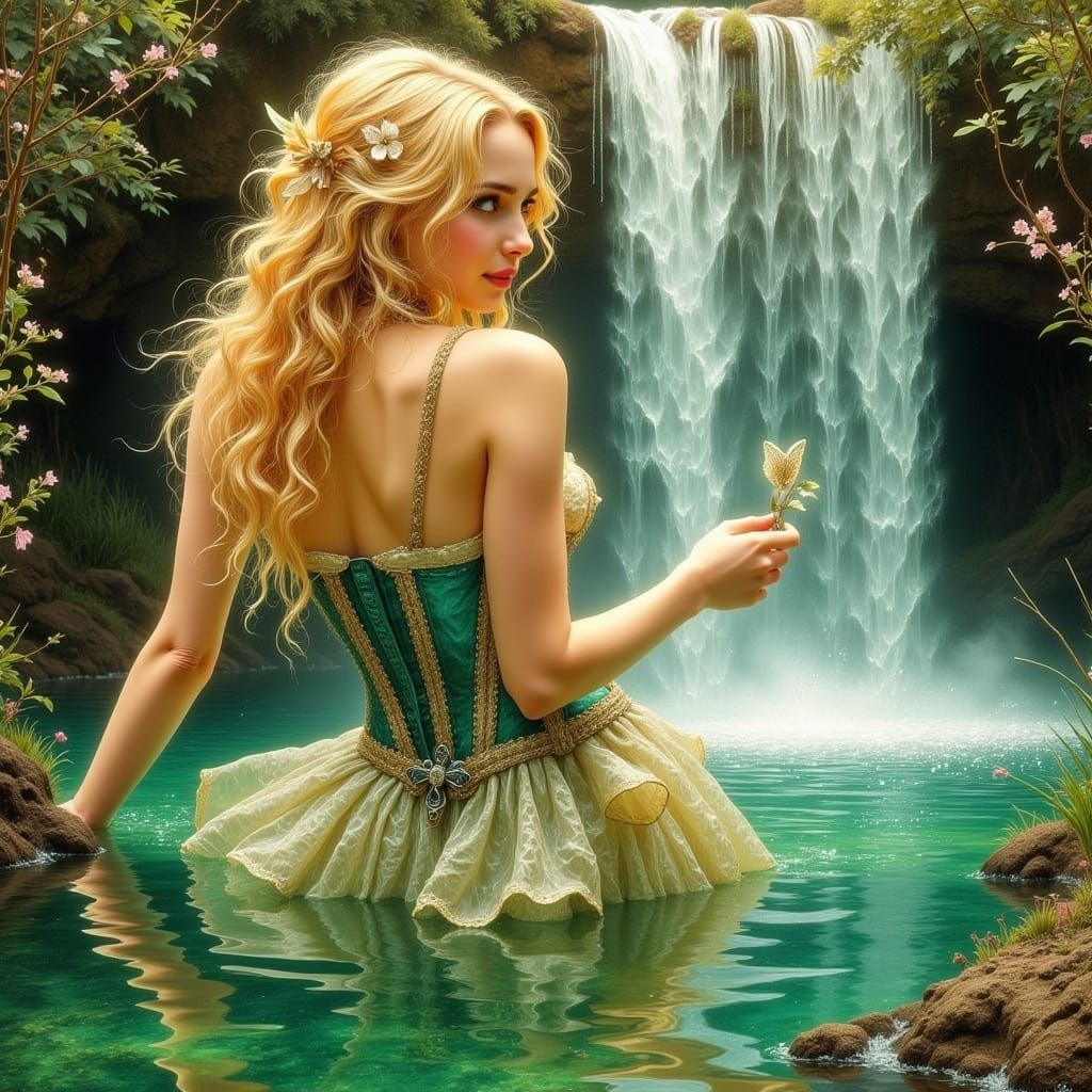 Elegant Woman by Waterfall in Art Nouveau Style