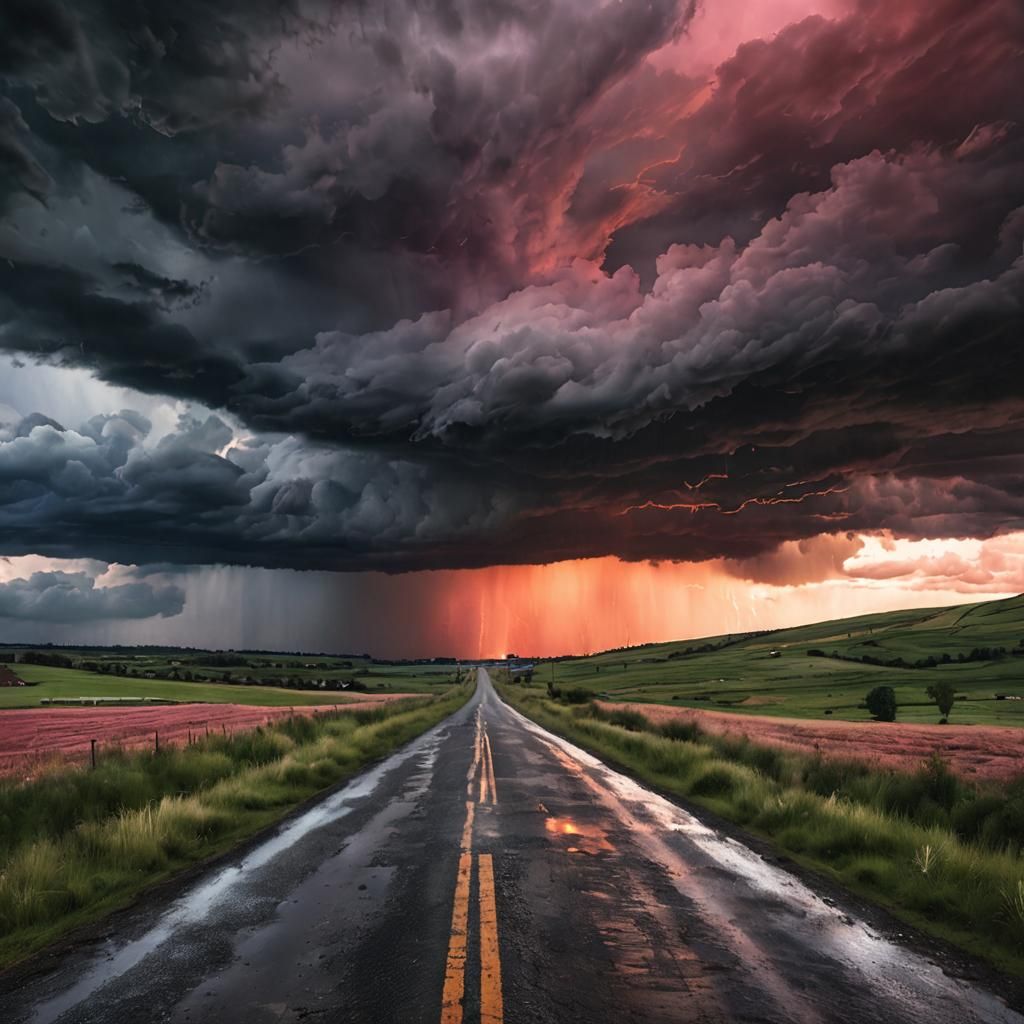 Dramatic Country Road Under Stormy Sunset Sky