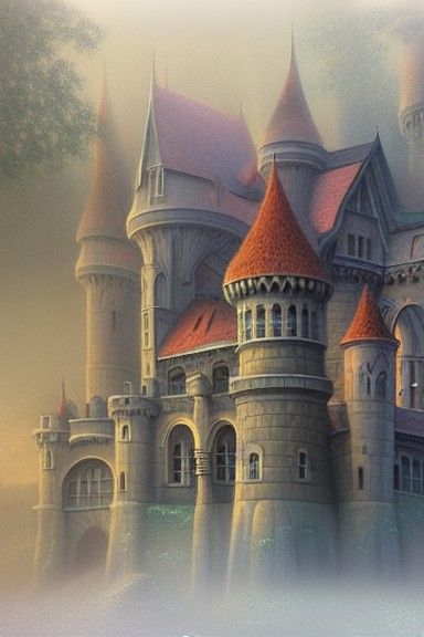 Ethereal Castle in Mist: Digital Astral Oil Painting