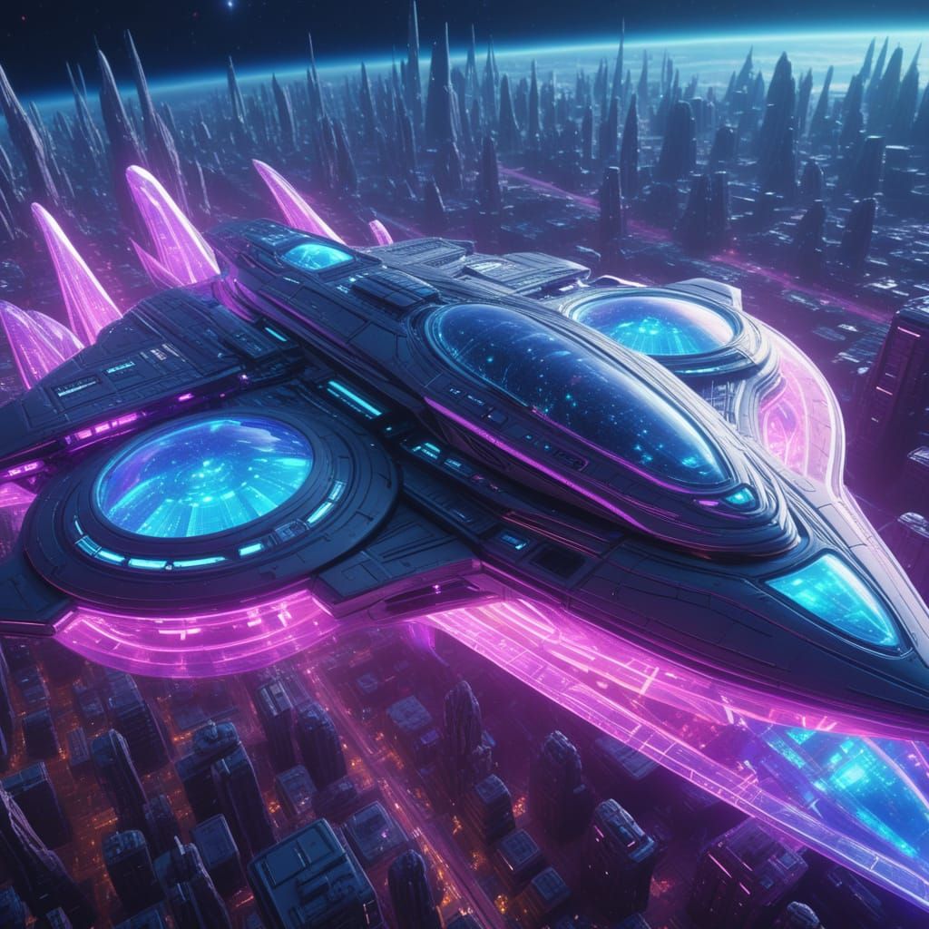 Alien City Ship Drifting Through Space in Sci-Fi Style