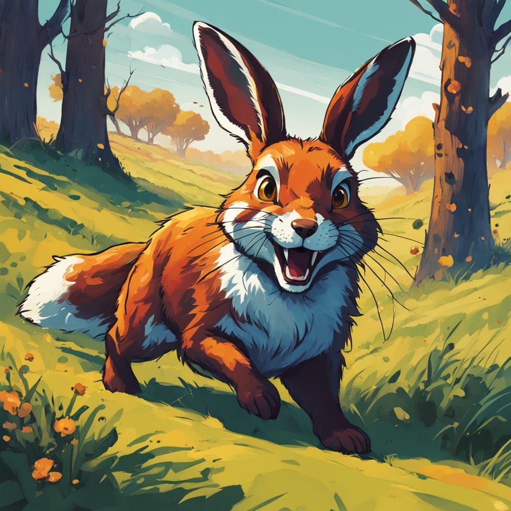 Fox Chasing Laughing Bunnies in Vibrant Digital Painting