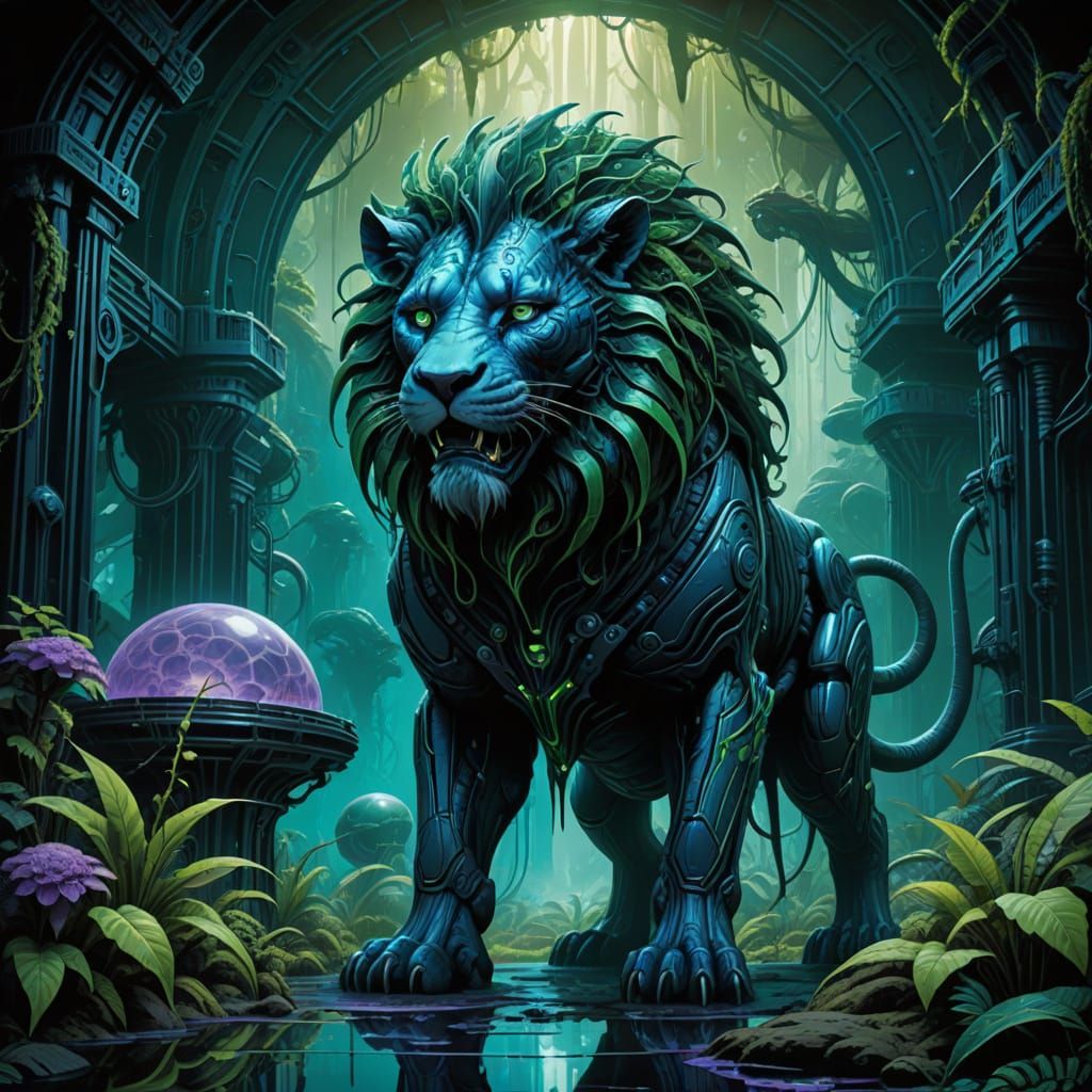 Glowing Lion Guardian of an Alien Jungle Temple