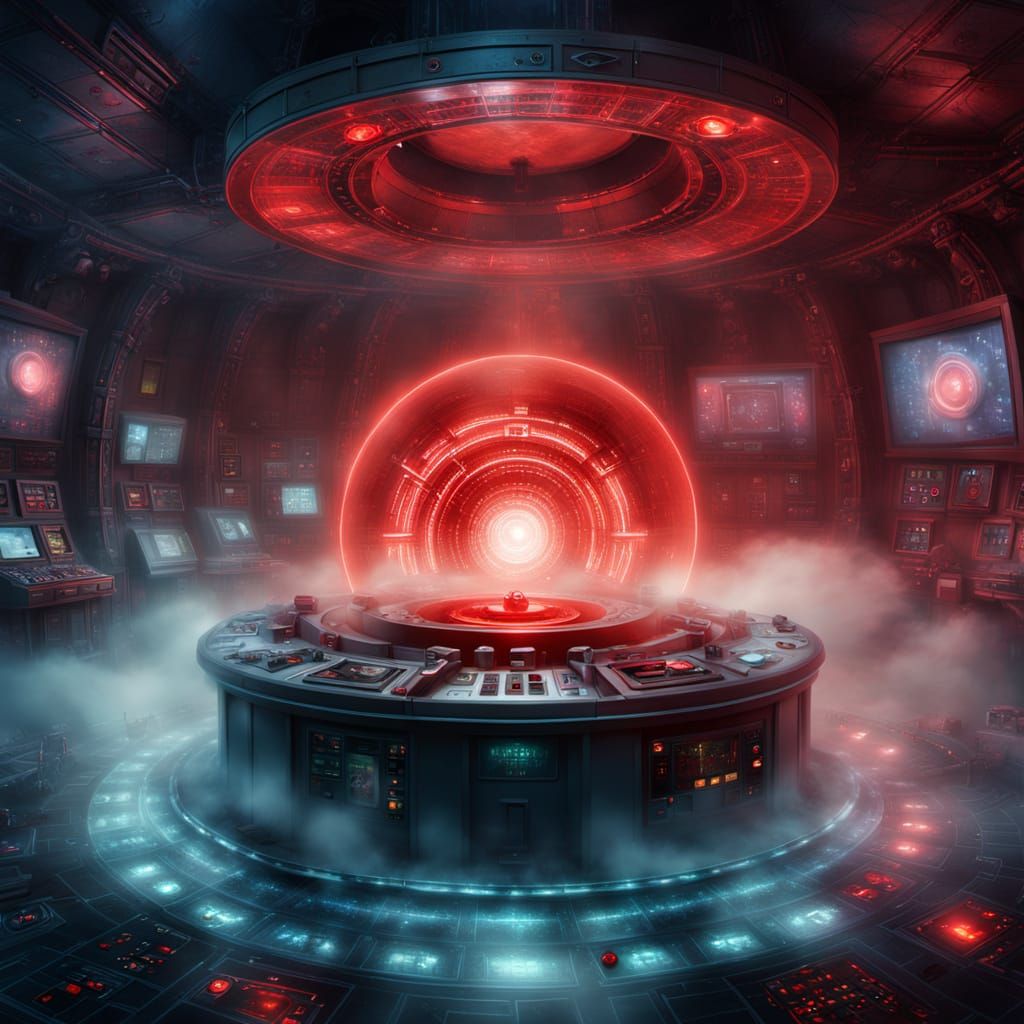 Ethereal Fantasy Control Room with Glowing Red Button