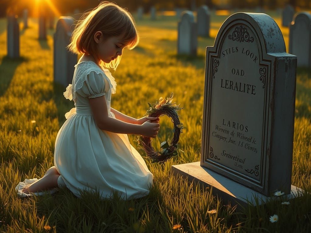 Girl Places Hand-Woven Flower Wreath on Grave in Serene Ceme...