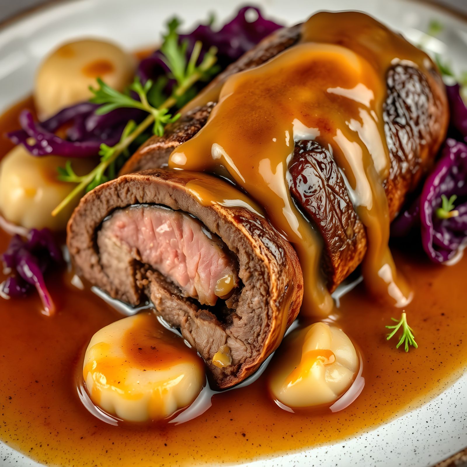 Savory Beef Roulade with Hearty Dumplings and Red Cabbage