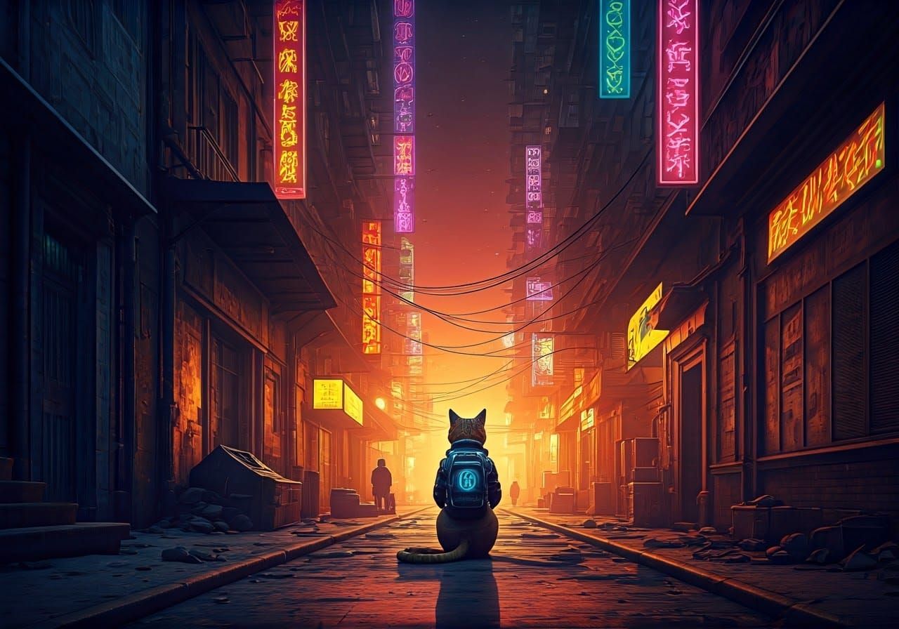 Cyberpunk Orange Tabby Cat in Neon-Lit Kowloon Walled City