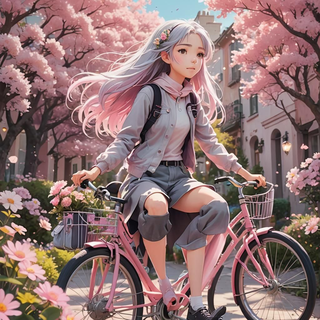 Anime Girl on Bicycle with Flowers in Ghibli Style