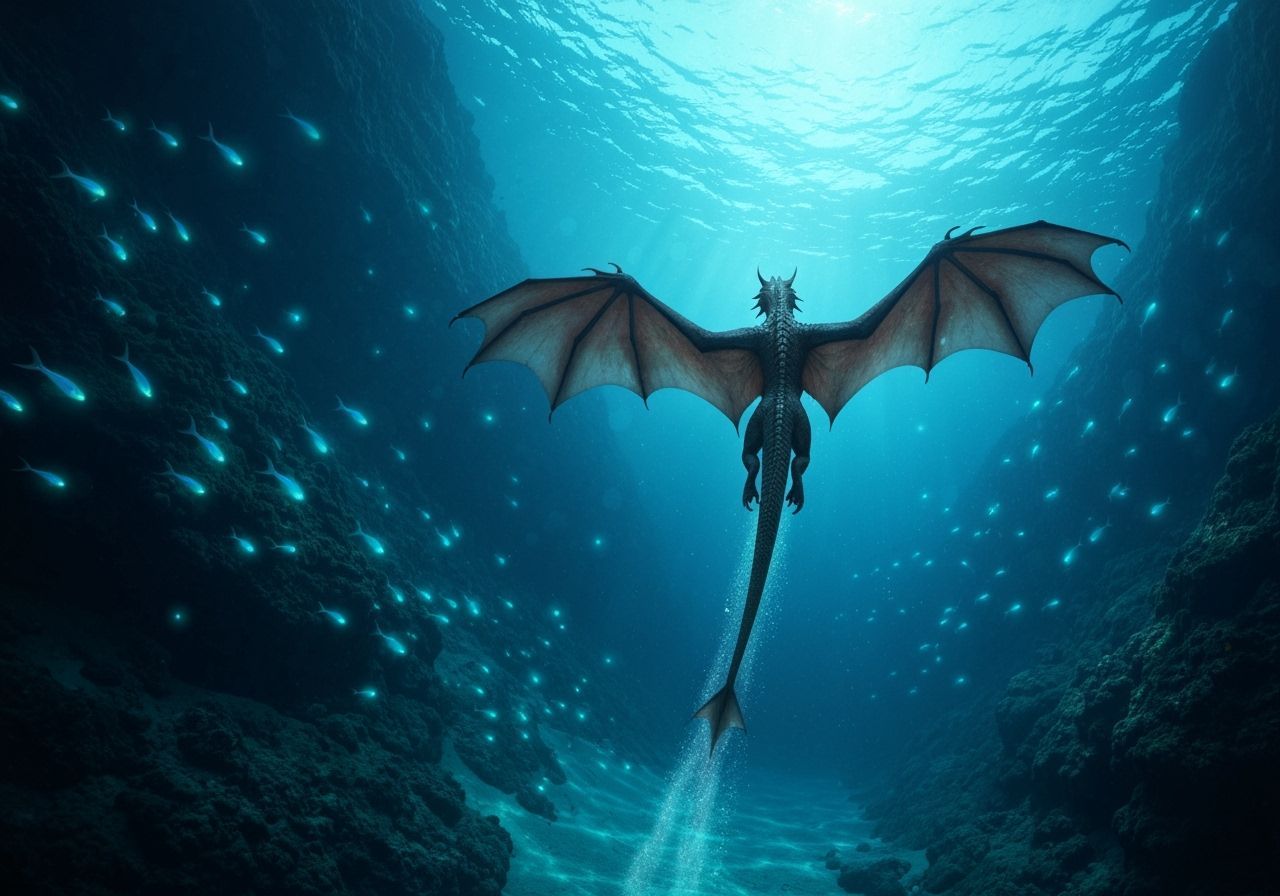Iridescent Water Dragon Gliding Through Cobalt Sea