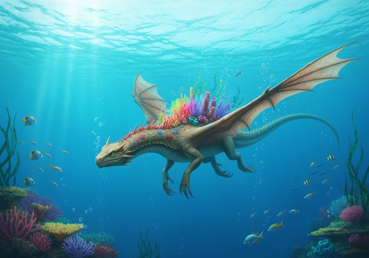 Majestic Water Dragon with Coral Reefs, Underwater