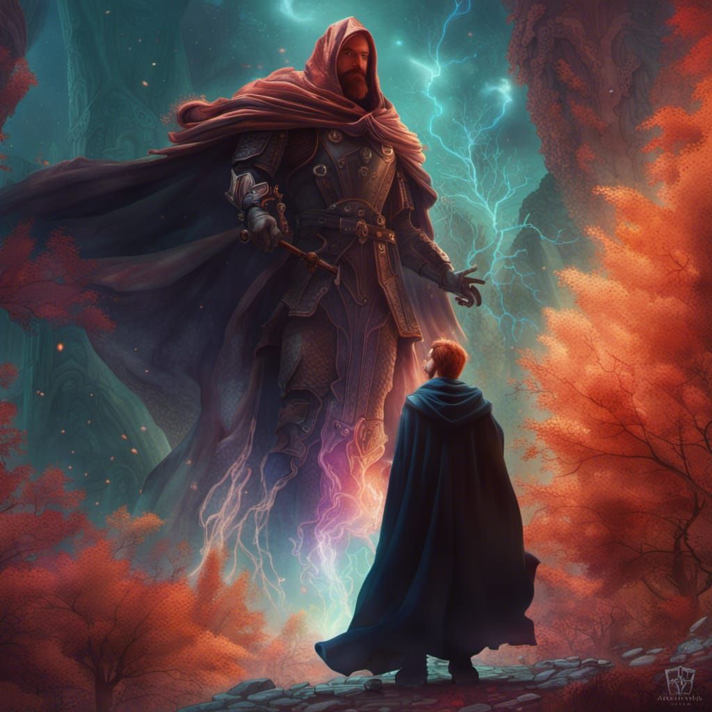 Giant Knight Aura Protects Redhead in Detailed Painting