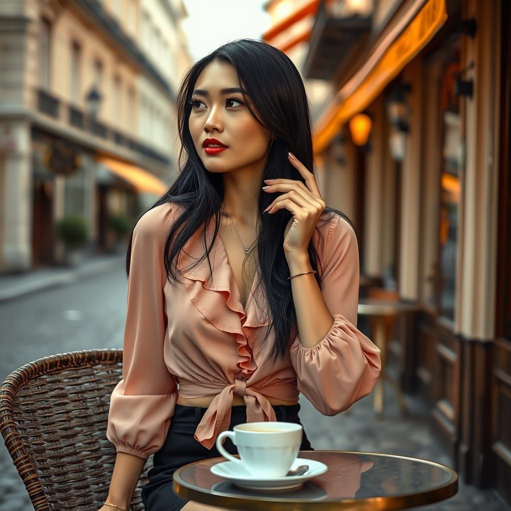 Mongolian-Chinese Woman at Cafe in Cinematic Portrait