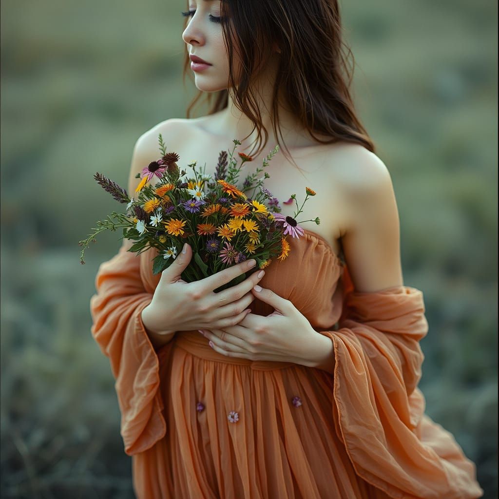 A Woman in Earth-Toned Gown Surrounded by Wildflowers
