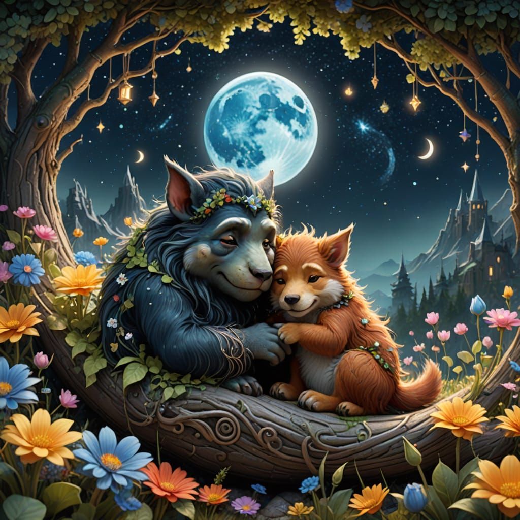 Troll Child and Dog Sleeping on Moon, Digital Watercolor