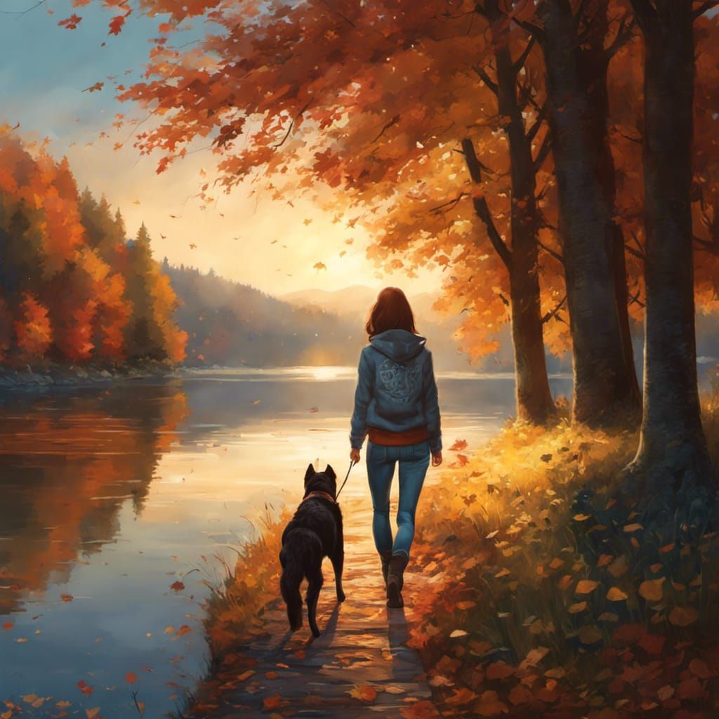 Woman and Dog Walk by Lake, Autumnal Concept Art