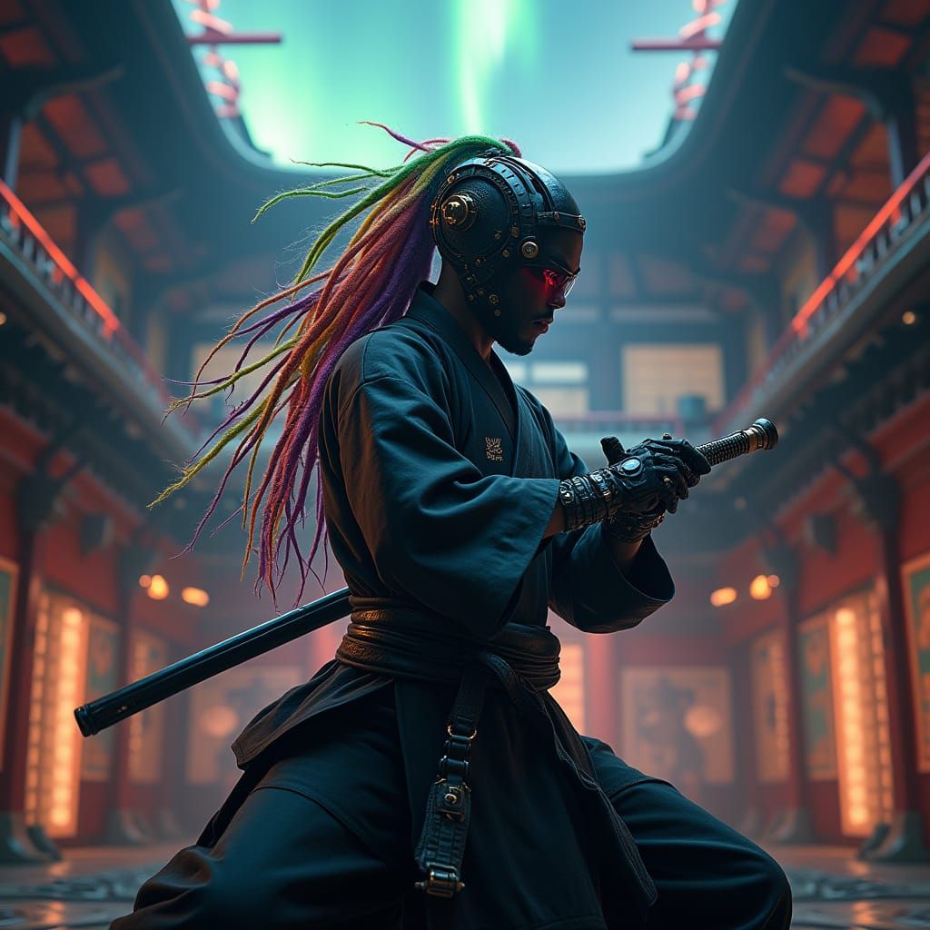 Cyborg Ninja in Steampunk Dojo with Aurora Borealis