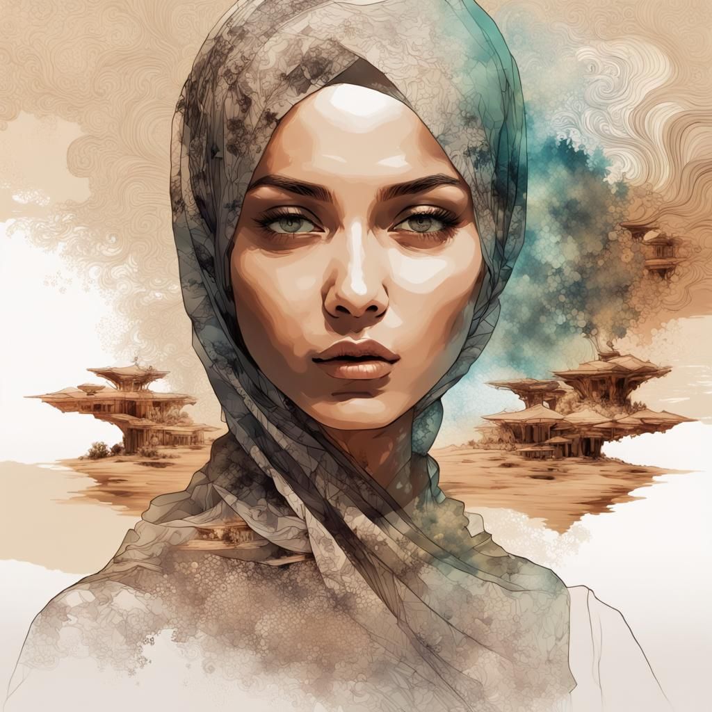 Arab Woman Double Exposure Portrait with Desert Oasis