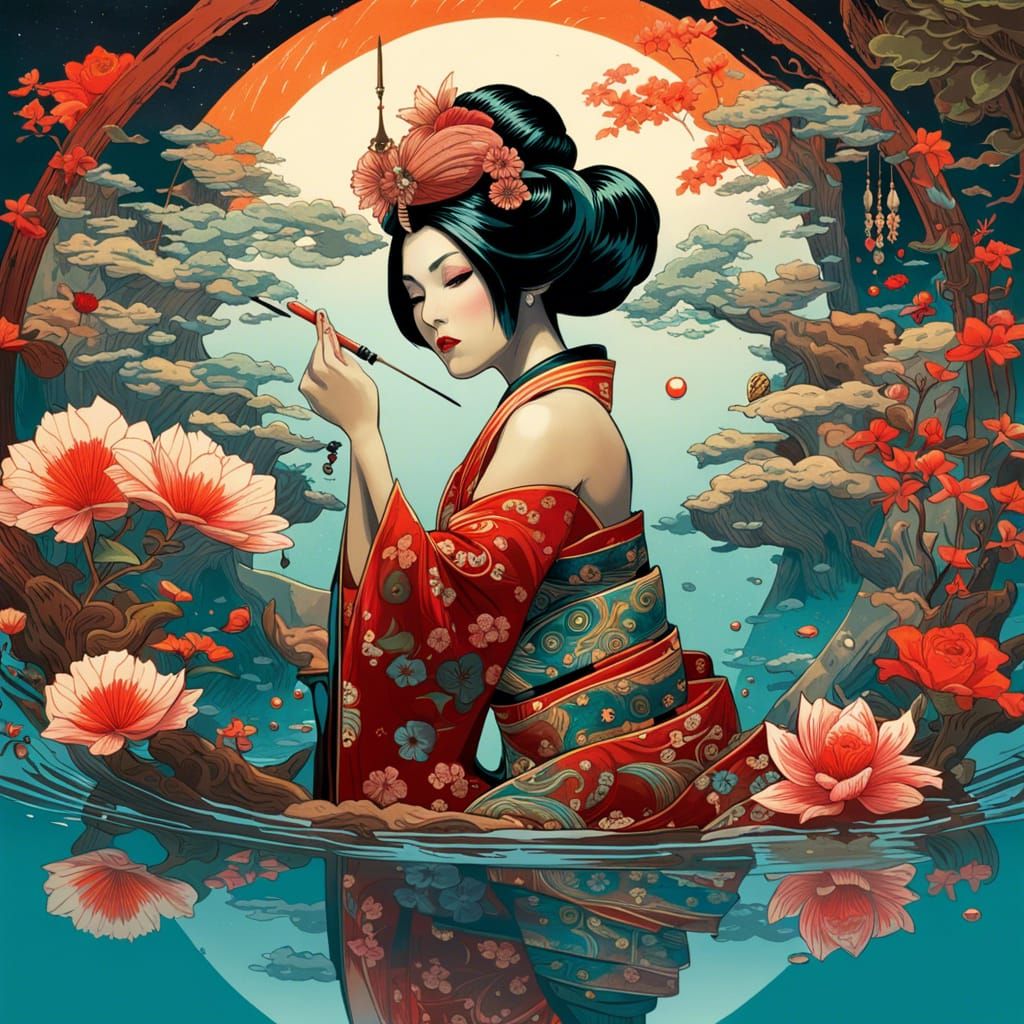 Hyperrealistic Geisha and Mirrored Reflection