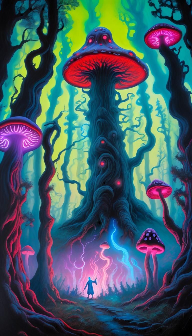 Druid Summoning Ancient Beings in Bioluminescent Forest