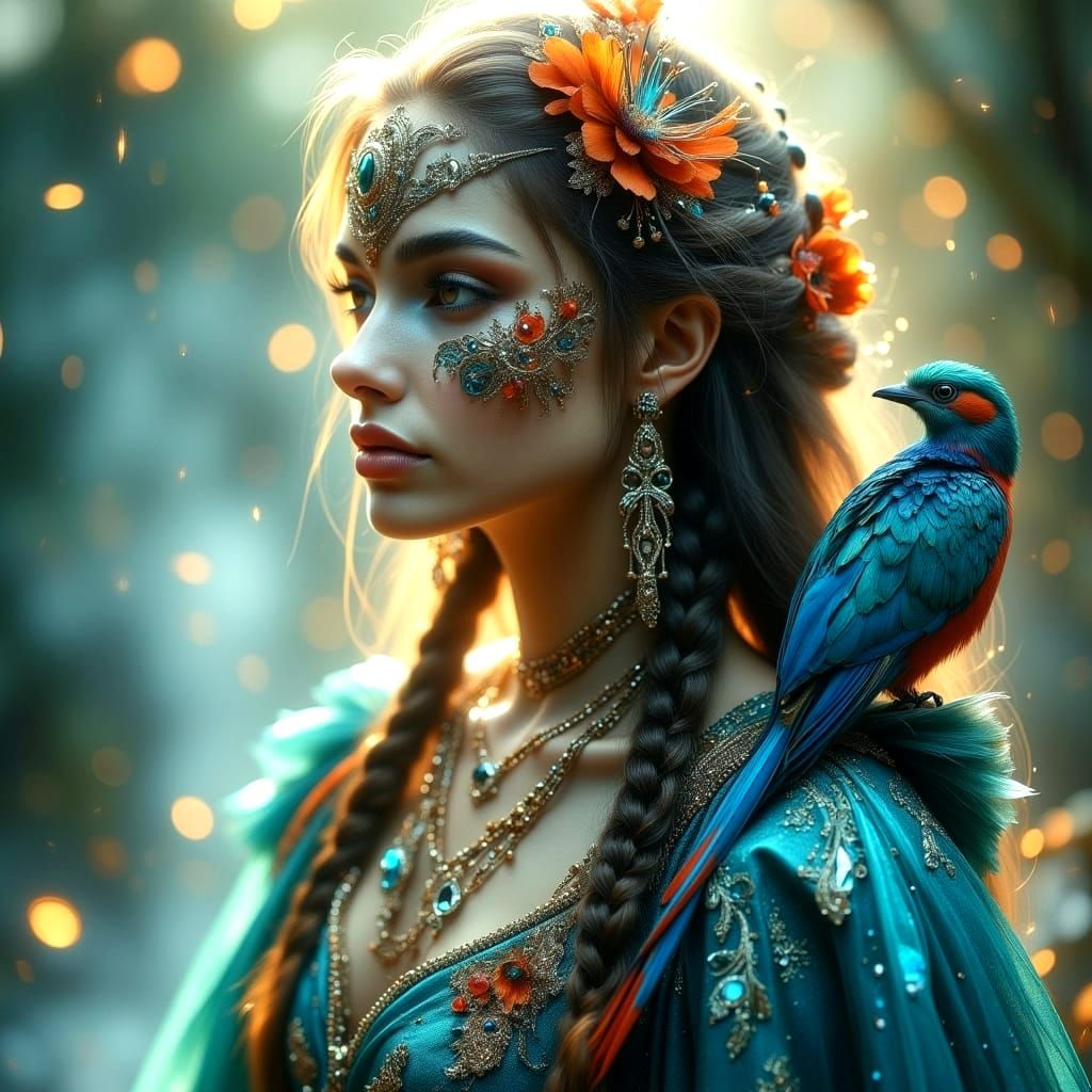 Serene Fantasy Goddess with Majestic Bird in Ethereal Landsc...