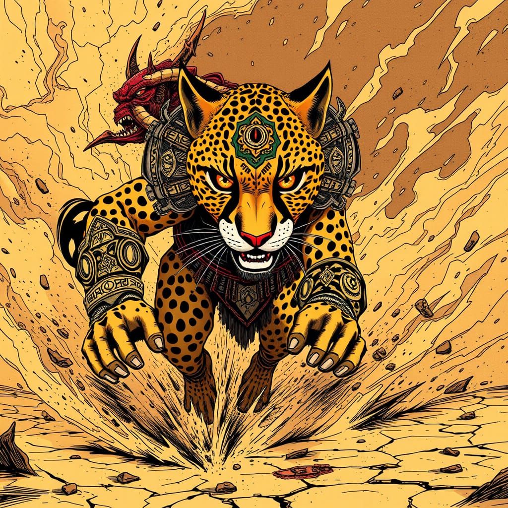 Fierce Cheetah Warrior in Ancient Armor Charges into Battle