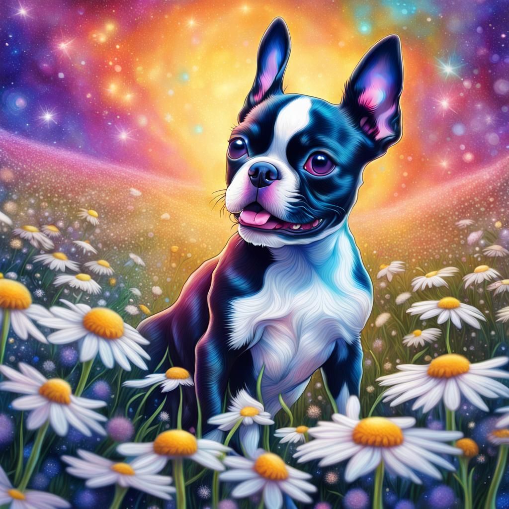 Boston Terrier Puppy in Daisy Field: Cosmic Illustration