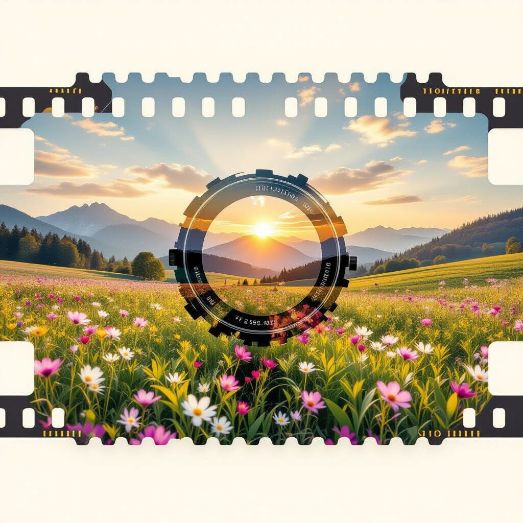 Vintage Camera Double Exposure with Nostalgic Spring Landsca...