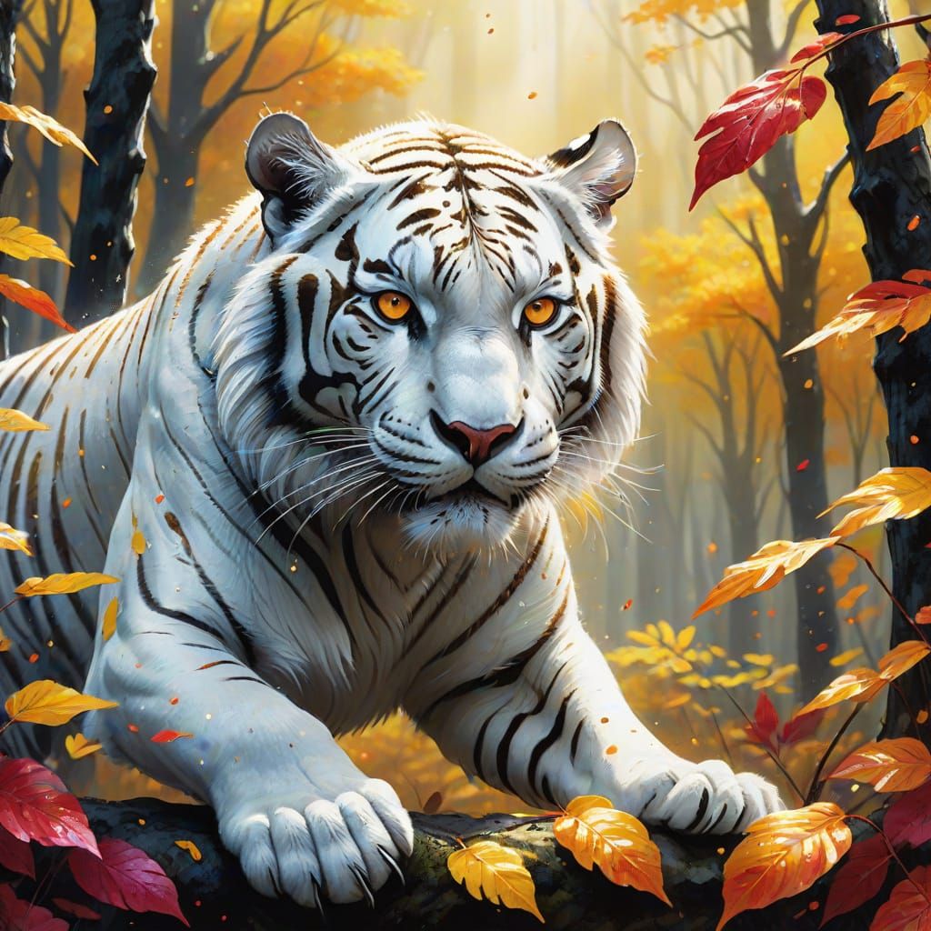 White Tiger Leaping Through Autumn Forest in Watercolor Styl...