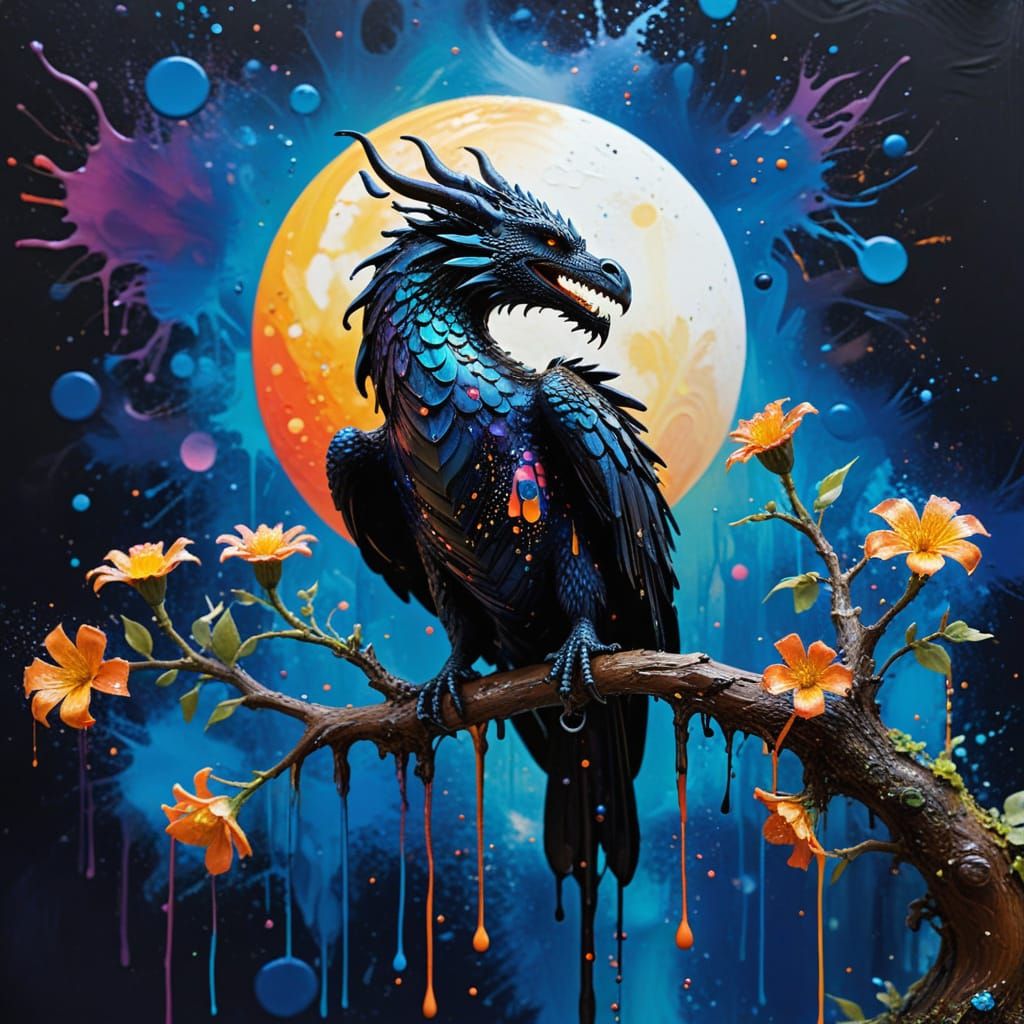 Dragon-Raven Hybrid in Dripping Paint