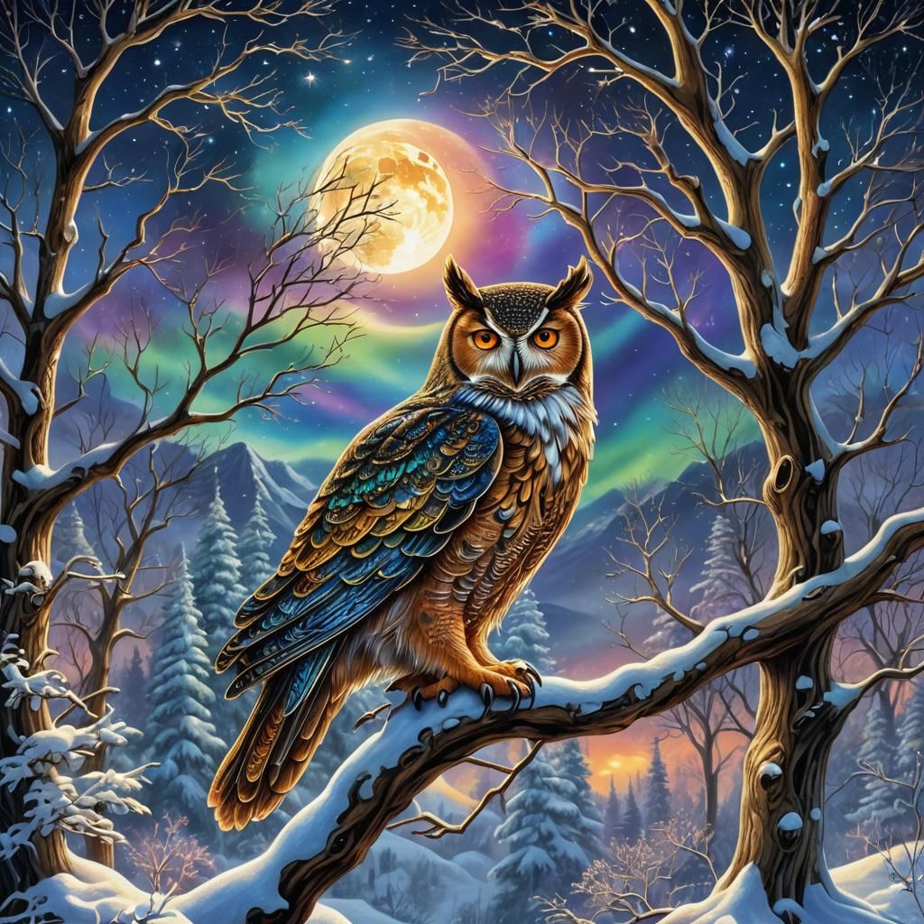 Owls in Winter Landscape with Aurora Borealis