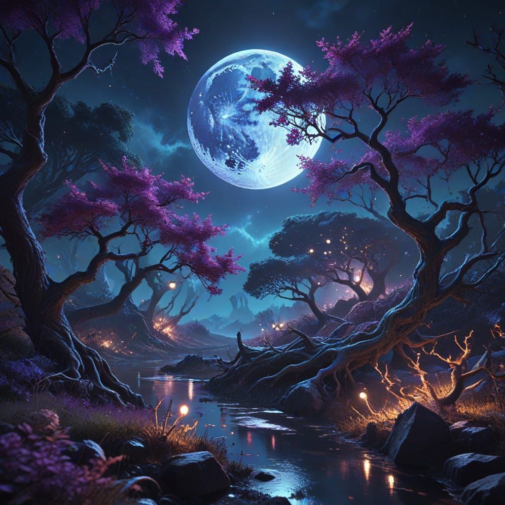 Surreal Cosmic Landscape Under Glowing Moonlight