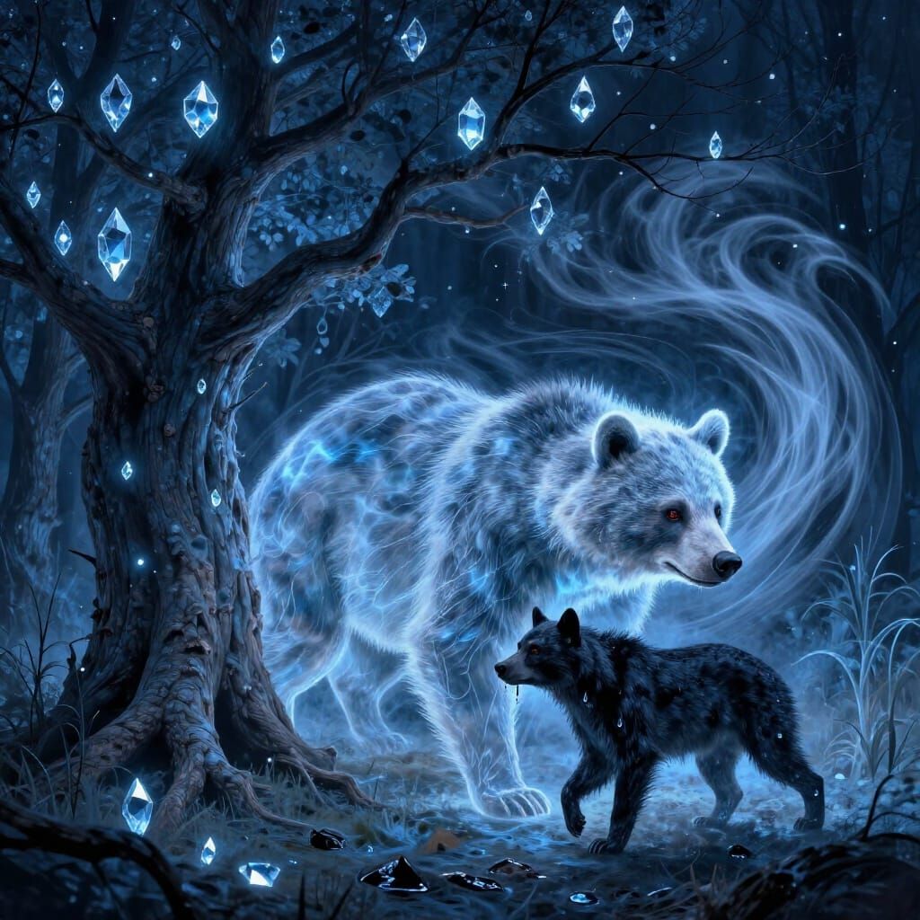 Surreal Triple Exposure of a Ghostly Bear and Ominous Dog
