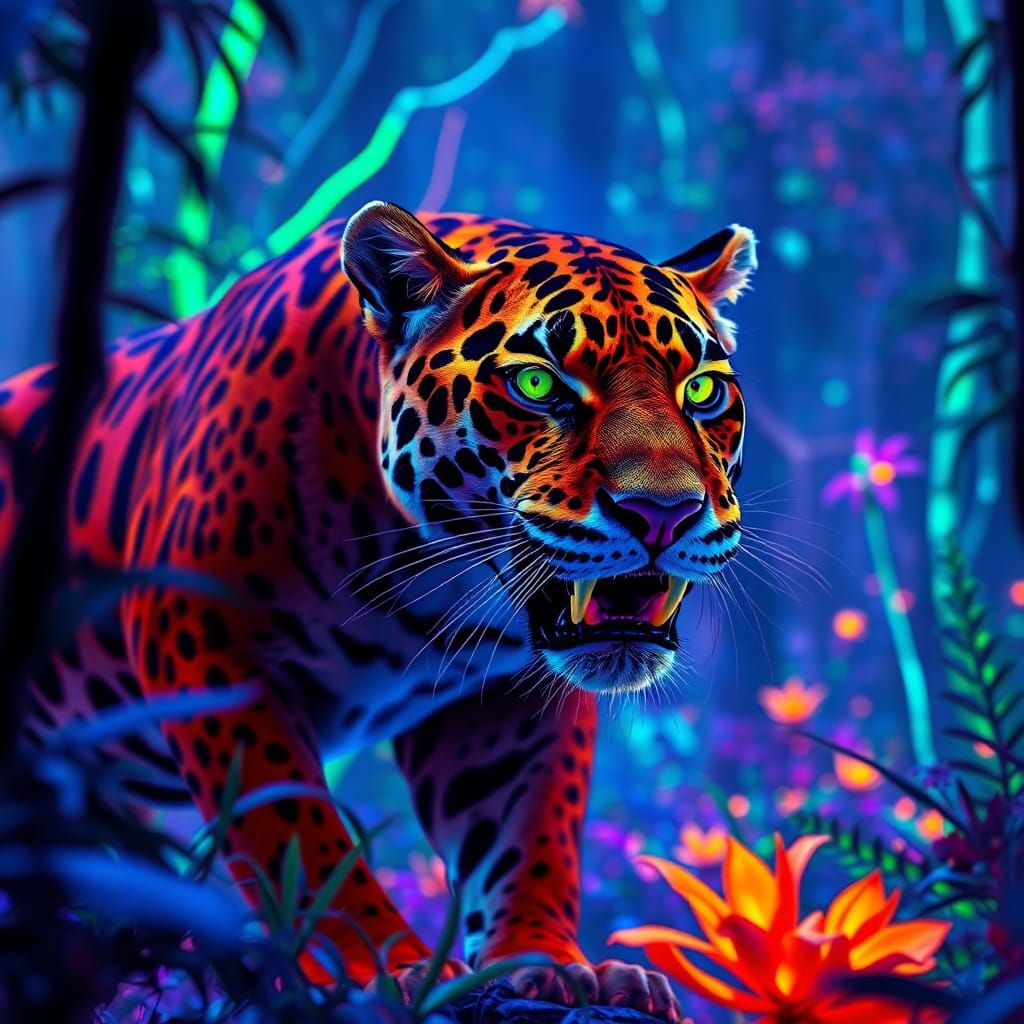 Fluorescent Jaguar in Neon Forest: Futuristic 3D Art