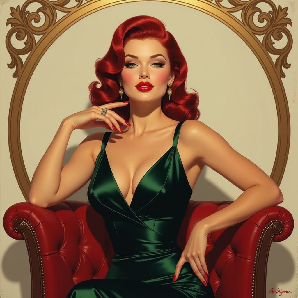 Elegant Woman with Red Lips in Pin-Up Style