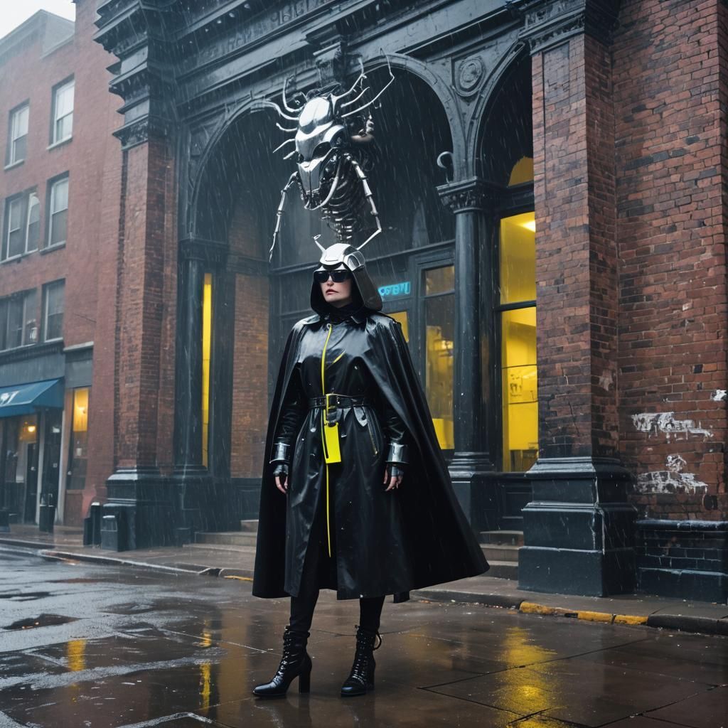 Goth Model with Chrome Beetle in Cyberpunk Coffee Shop