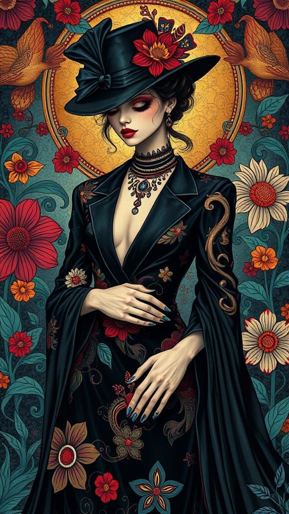 Elegant Woman Surrounded by Surreal Patterns