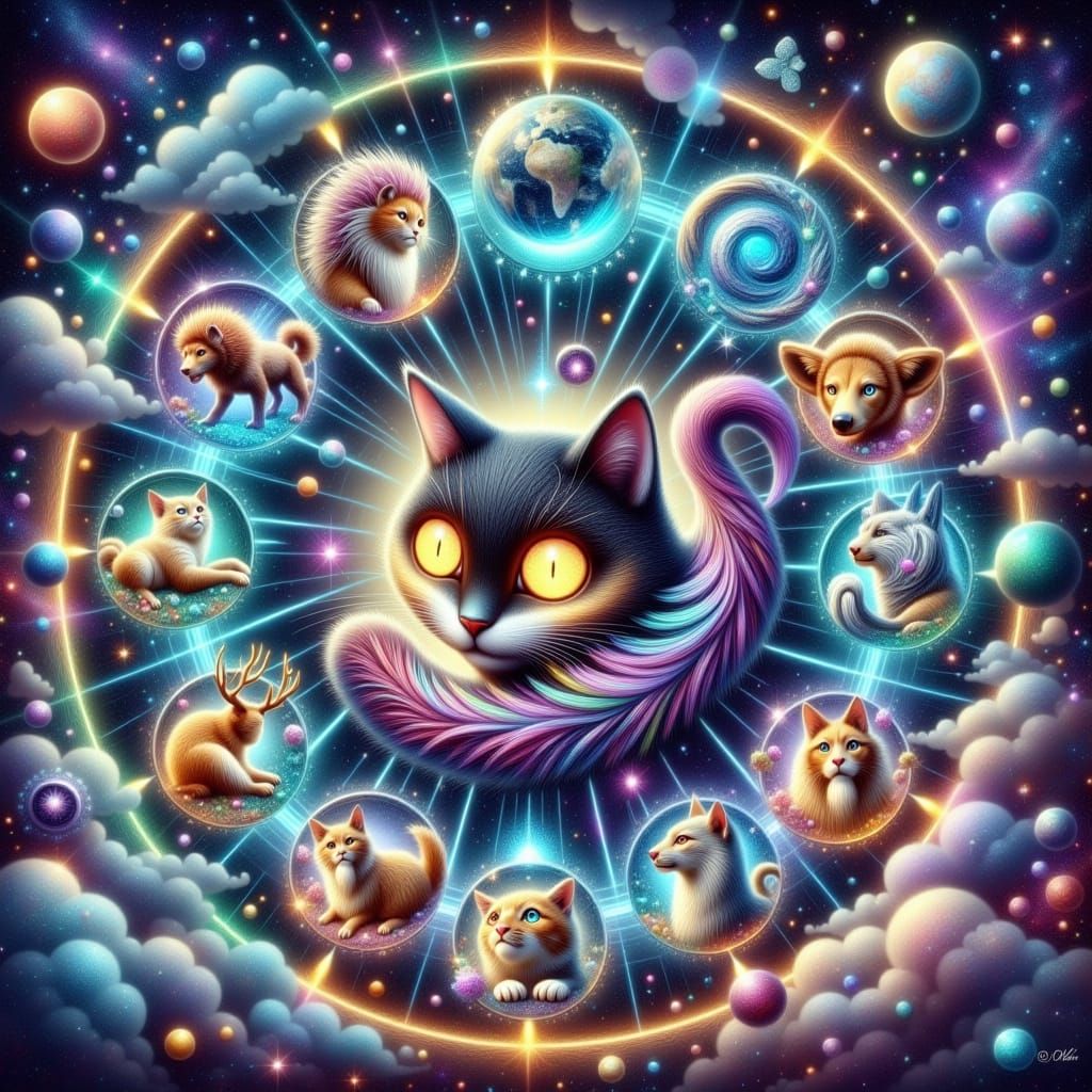 Surreal Zodiac Cat Unites Twelve Signs in Whimsical Wonder