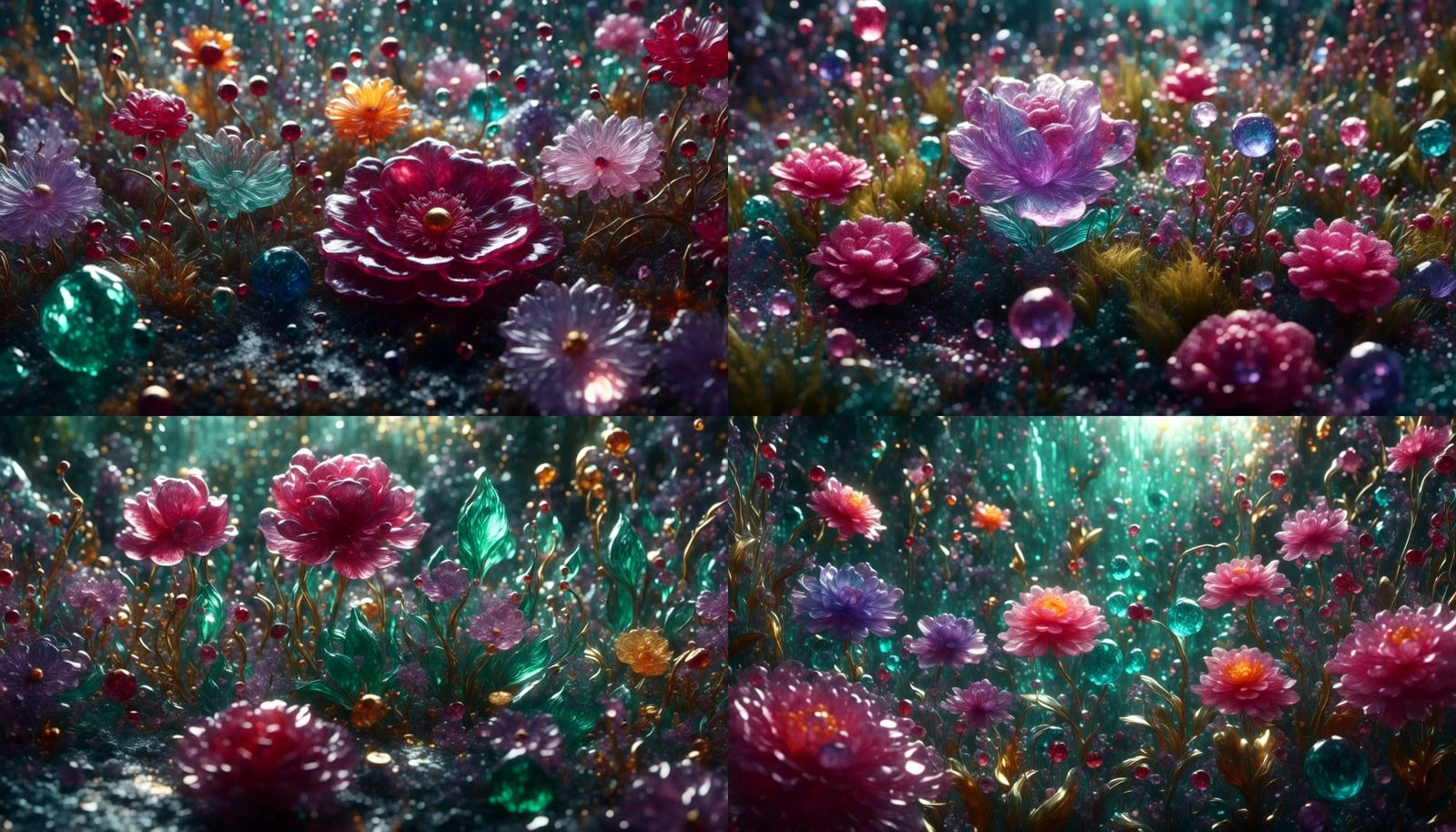 Glass Flower Garden with Gemstone Dew Drops