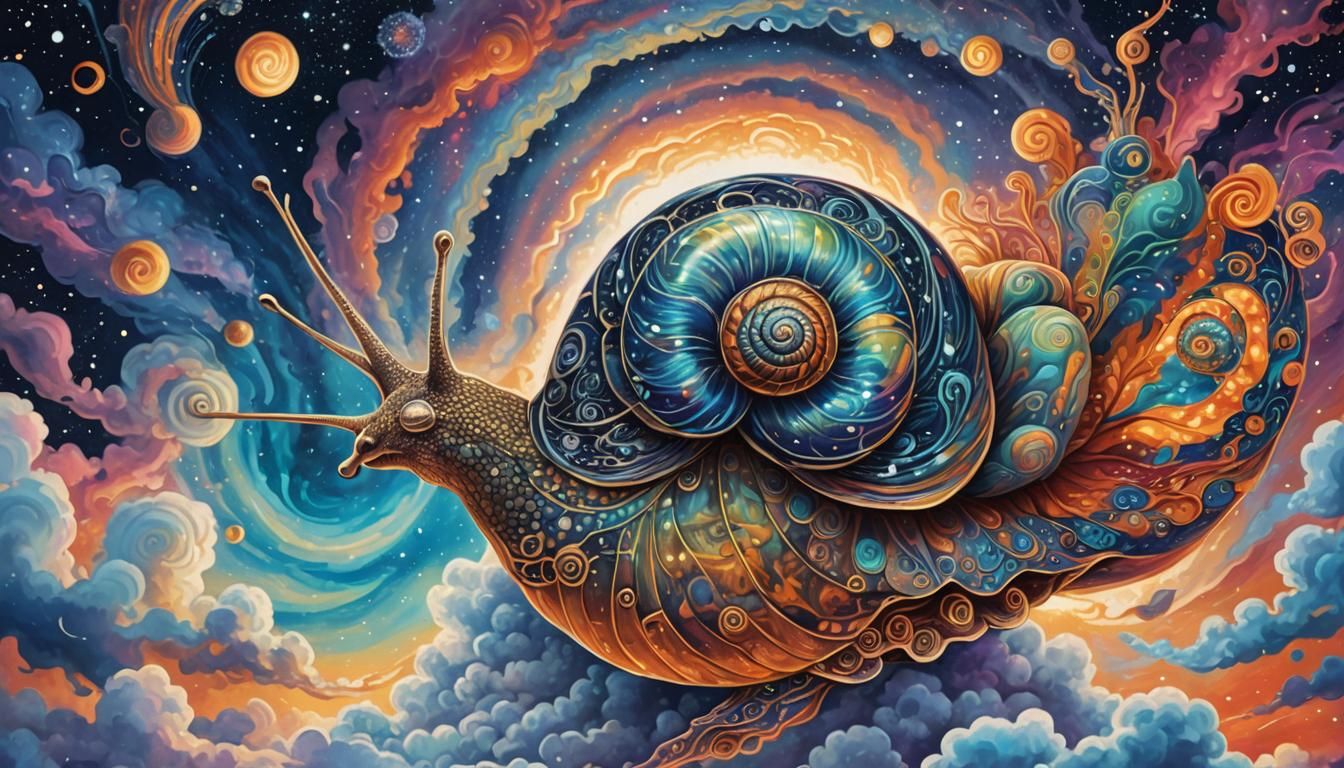Celestial Snail Floating in Astral Clouds