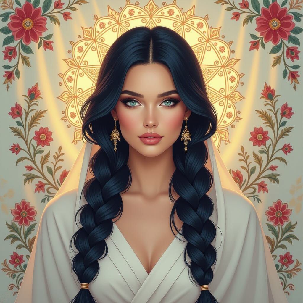 beautiful woman with piercing eyes and very long, thick, dar...