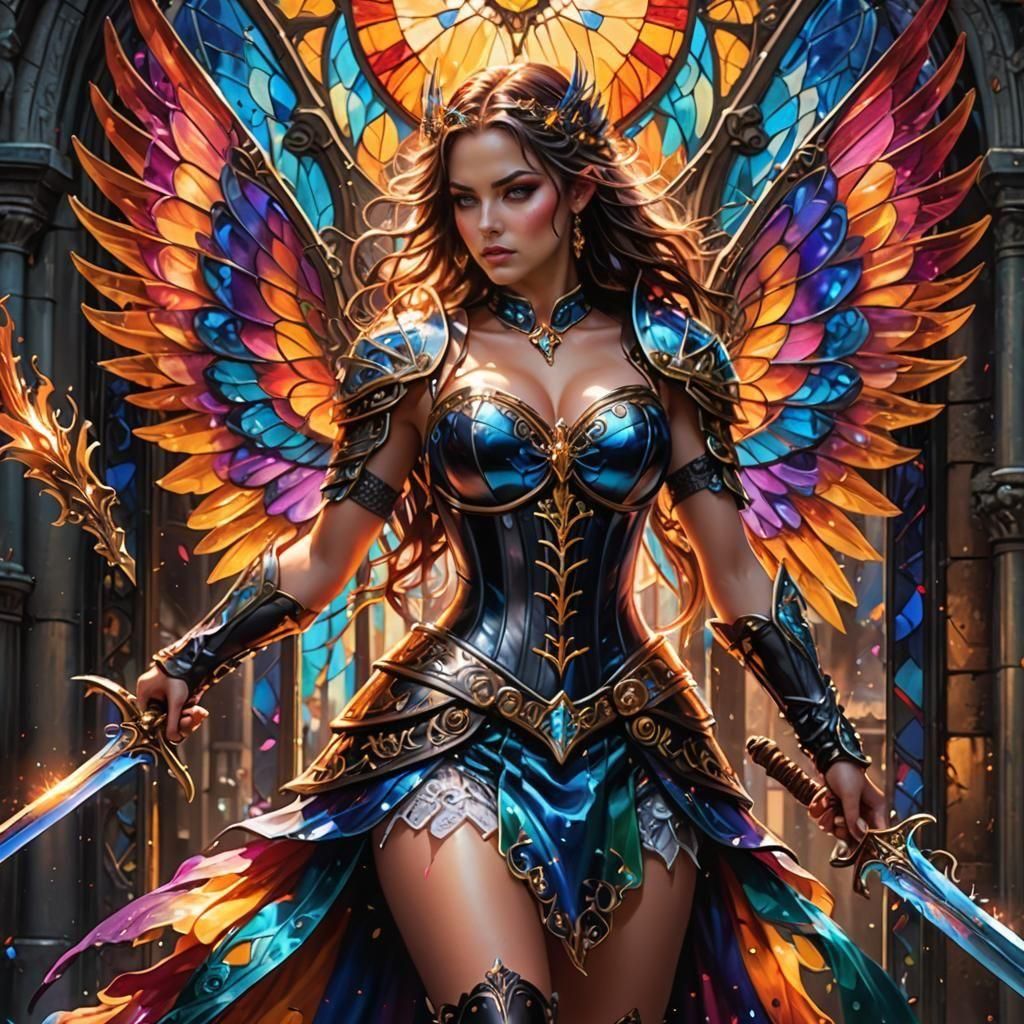 Enchanting Winged Warrior with Sword, in Street Art Style